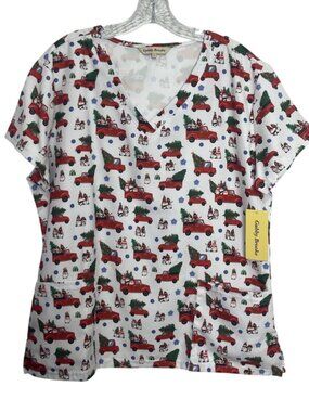 Gabby Brooke Holiday Scrub Top Shirt Christmas Large White Red New